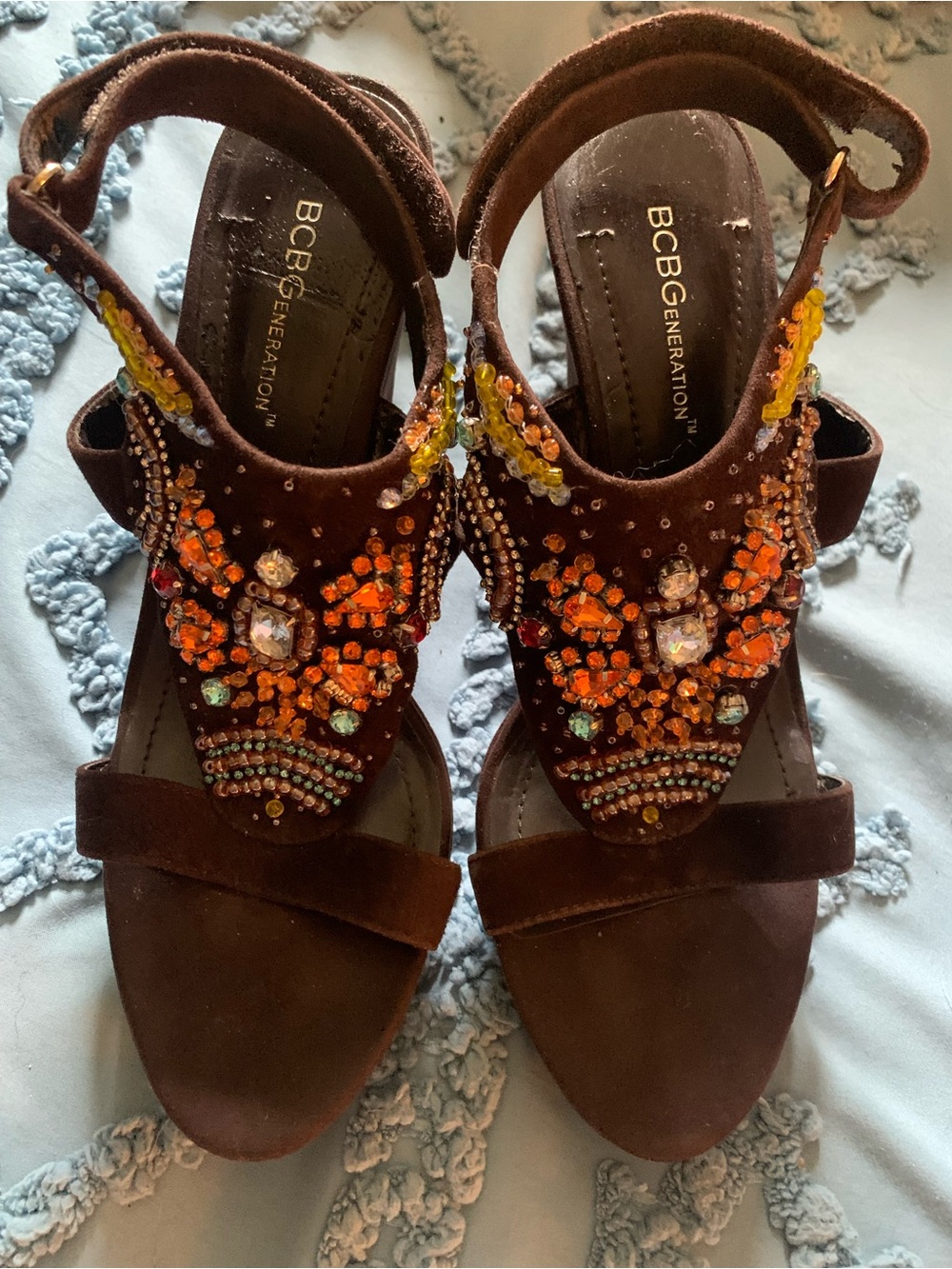 BCBGeneration Y2K Brown Suede Wedge Sandals with Orange and Yellow Jewel Accents